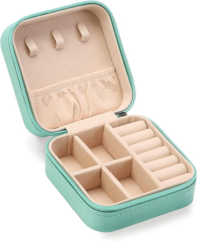 ZPROW Travel Jewelry Case, Mini Portable Jewelry Travel Boxes, Small Jewelry Organizer for Rings, Earrings, Pendants, Watches, Necklaces, Lipsticks Organizer Storage Holder Case (Cyan Blue)