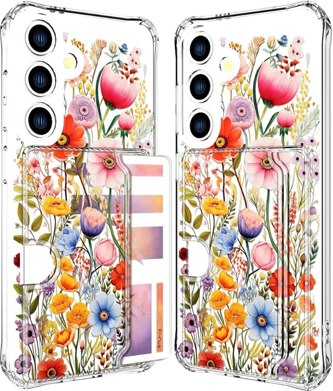 Compatible with Samsung Galaxy S24 / S25 Case Card Holder for Women Cute Design,Wallet Phone Cases Transparent Cool Kawaii Protective (Clear Flowers Lily Girly Florals)