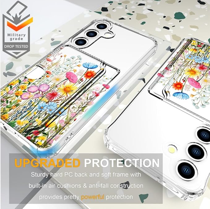 Compatible with Samsung Galaxy S24+ Plus / S25+ Plus Case Card Holder for Women Cute Design,Wallet Phone Cases Transparent Cool Kawaii Protective (Clear Flowers Herbs Wild Plants)