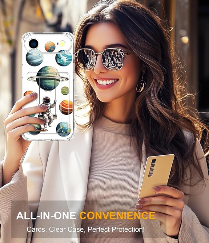 Compatible with iPhone 17 Air Case Card Holder for Women Cute Design,Wallet Phone Cases Transparent Cool Kawaii Protective (Clear Astronaut Space Planets)