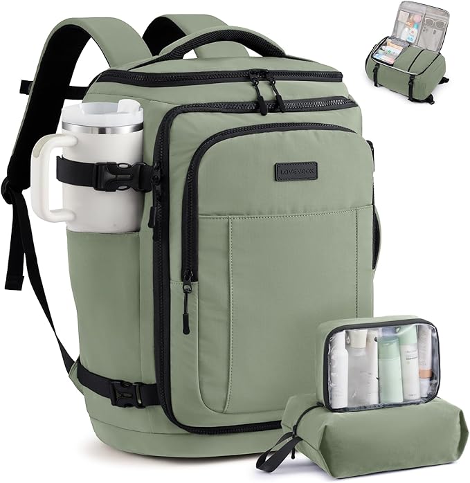 LOVEVOOK Travel Backpack for Women & Men, 25L Airline Approved Personal Item Carry On Backpack, Lightweight with 2 Packing Cubes, Waterproof Daypack for Work, Gym & Weekend Travel, Slate Green-Black