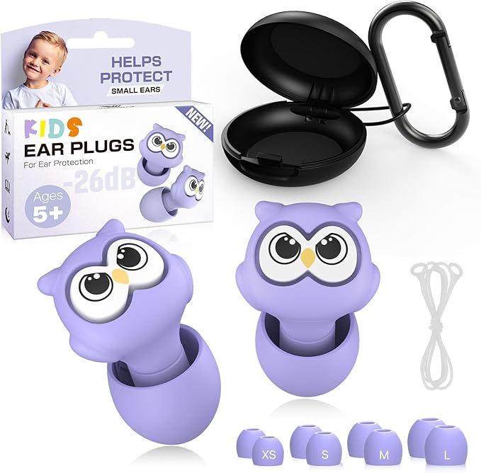 Kids Ear Plugs for Ear Protection Kids 5+, Adults & Small Ears, 4 Sizes Silicone Tips with Safety Cord, 26dB Noise Reduction Earplugs for School, Airplane, Travel, Concerts & Noise Sensitivity