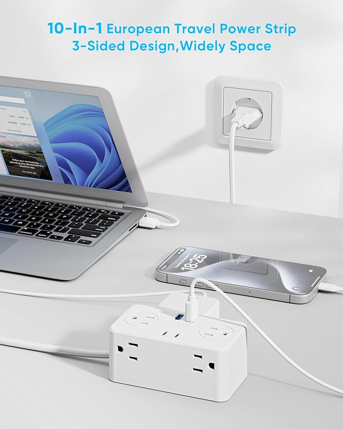 Kakyanill Italy Travel Plug Adapter, Italy Power Adapter, 6 AC Outlets, 4 USB Ports (2 USB C), 3ft Wrapped Around Extension Cord, for Italy Chile Libya