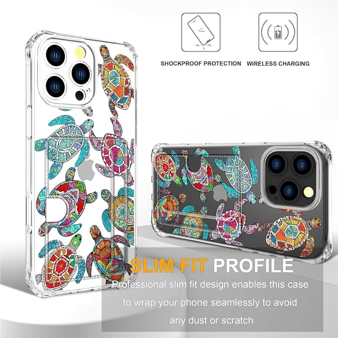 Compatible with iPhone 16 Pro Max Case Card Holder for Women Cute Design,Wallet Phone Cases Transparent Cool Kawaii Protective (Clear Sea Turtles Animal Tribal)
