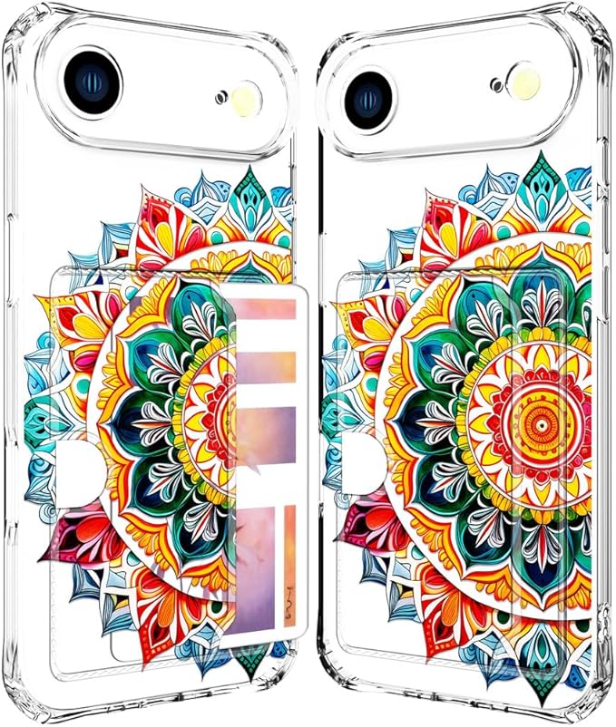 Compatible with iPhone 17 Air Case Card Holder for Women Cute Design,Wallet Phone Cases Transparent Cool Kawaii Protective (Clear Mandala Henna Flower)