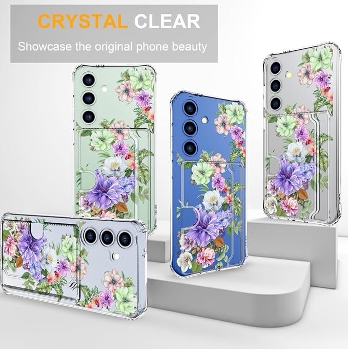 Compatible with Samsung Galaxy S24+ Plus / S25+ Plus Case Card Holder for Women Cute Design,Wallet Phone Cases Transparent Cool Kawaii Protective (Clear Impressive Flowers)