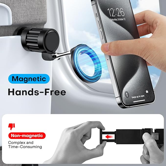 OMOTON 360°Rotating Magnetic Airplane Phone Holder Mount, for Magsafe Airplane Travel Essentials Accessories, Adjustable Foldable Universal Handsfree Phone Stand for iPhone 17 16 15 14 Pro Max Air