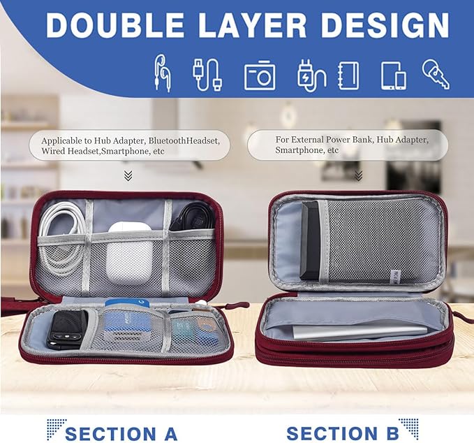 CAAORDKSO Electronic Organizer Travel Cable Accessories Bag, Case for Cable, USB, Cord, Charger, Phone, Power Bank, Earphone (Wine Red, Large)