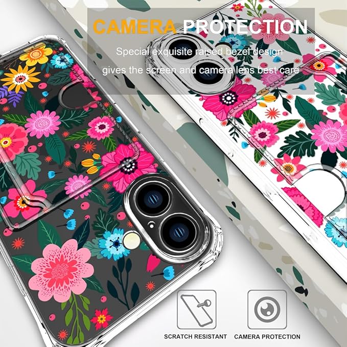 Compatible with iPhone 17 Case Card Holder for Women Cute Design,Wallet Phone Cases Transparent Cool Kawaii Protective (Clear Floral Spring Blossom)
