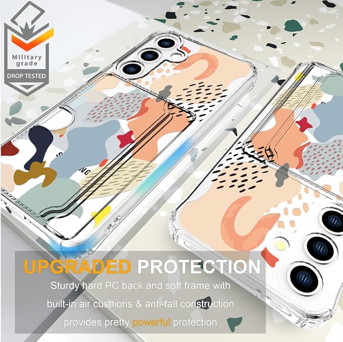 Compatible with Samsung Galaxy S24 / S25 Case Card Holder for Women Cute Design,Wallet Phone Cases Transparent Cool Kawaii Protective (Clear Abstract Art)