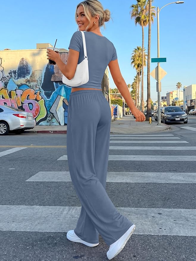 Trendy Queen 2 Piece Matching Summer Lounge Set Womens Side Ruching Top Wide Leg Pants Sets with Pockets