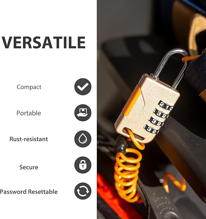 Ski Lock, Small Combination Lock with Retractable Cable (36in), Combo Cable Padlocks for Outdoor Use, Snowboard, Travel Luggage, Suitcase, Backpack, Bike, Motorcycle Helmet (Golden)