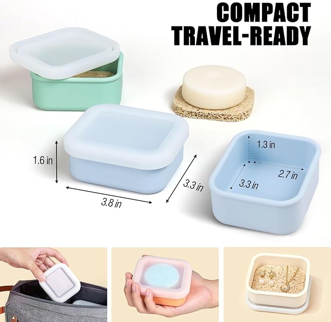 OTHIX 2 Pack Leakproof Silicone Travel Soap Case, Small Bar Soap Holder Container with Drainage Layer & Mini Portable Soap Dish Fits for Dove＆ Kitsch Shampoo Bar, Gym, Camping (Baby Blue & Sage Green)