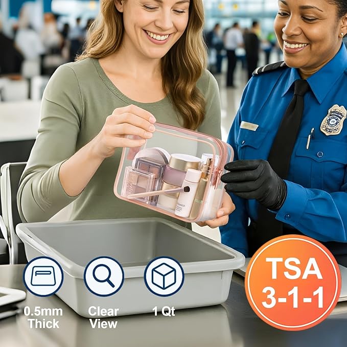 PACKISM TSA Approved Toiletry Bag 2 Pack - 1 Medium TSA Quart Carry-On & 1 Large for Checked Luggage, Water-resistant Clear Makeup Bag Clear Travel Bags for Toiletries, Matte Rose Red