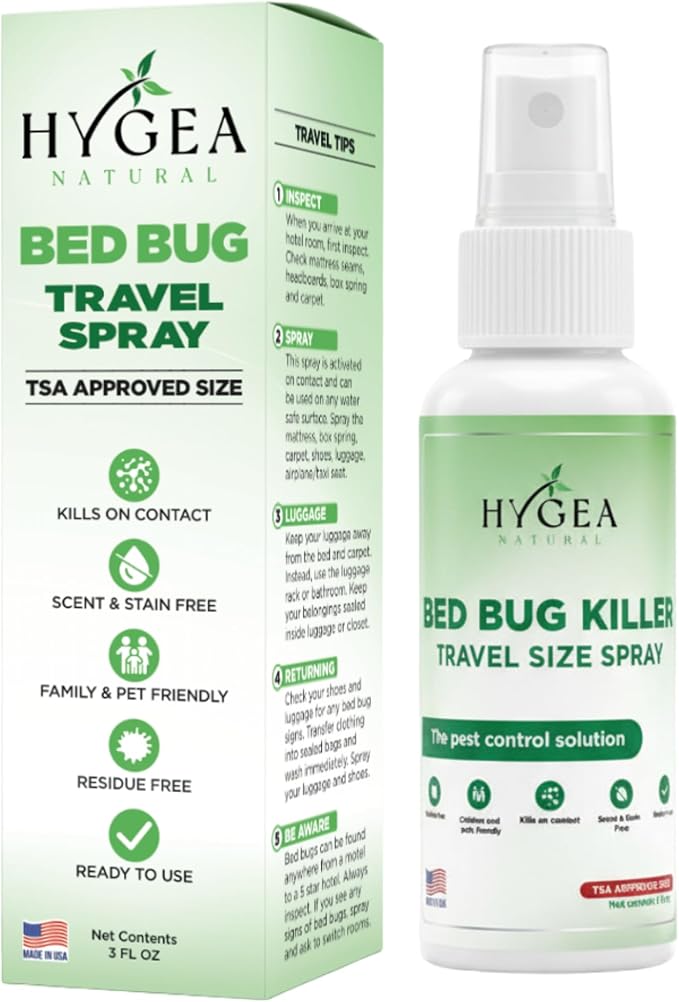 Hygea Natural Lice, Mite, and Bed Bug Killer Travel Spray - TSA Approved Size – Child & Pet Friendly – Immediate Results – Stain & Odor Free, for Hotels, Suitcase, Backpack, Shoes, Bed Bug Spray(3oz)