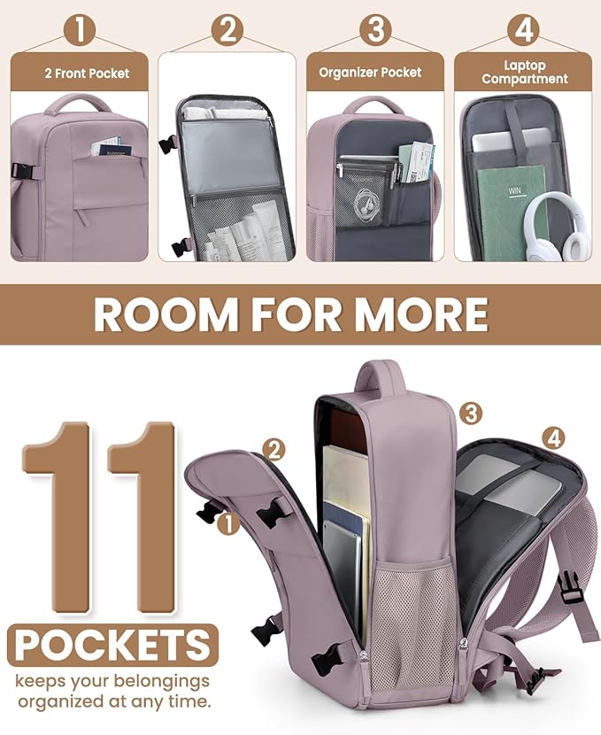 Pritent Travel Backpack for Women Man, Waterproof Personal Item Travel Bag Airline Approved Laptop Backpack Bookbag Weekender bags for Business,Travel, Work Fits 15.6 inch Laptop(Medium,Purple)