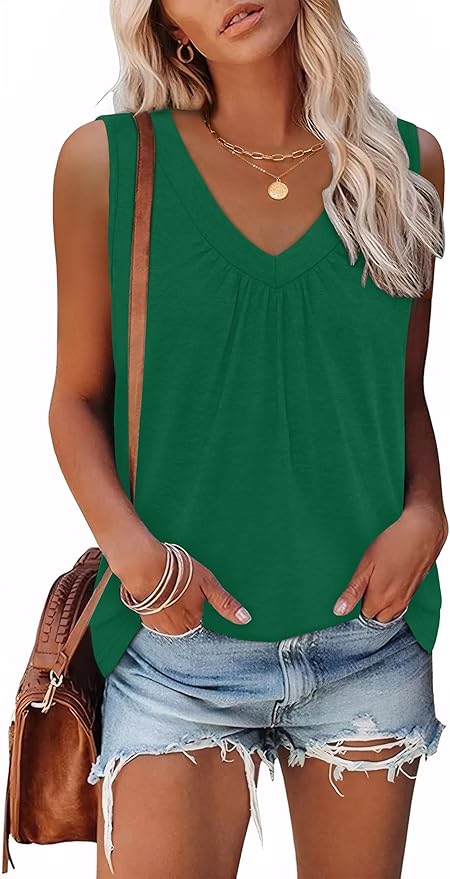 OFEEFAN Tank Top for Women Loose Fit Sleeveless Shirts V Neck Summer Clothes Ruched Women's Tees and Tanks Curved Hem