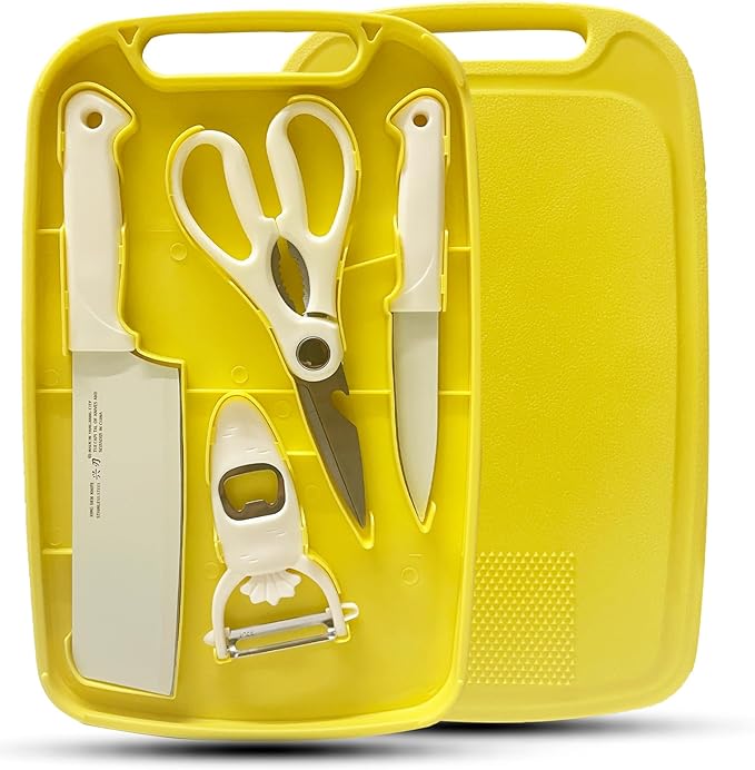 Cutting Board and Knife Set, 5 In1 Travel Cutting Boards And Knife Travel Cutting Board Kitchen Scissors and Peeler For Kitchen (Yellow)