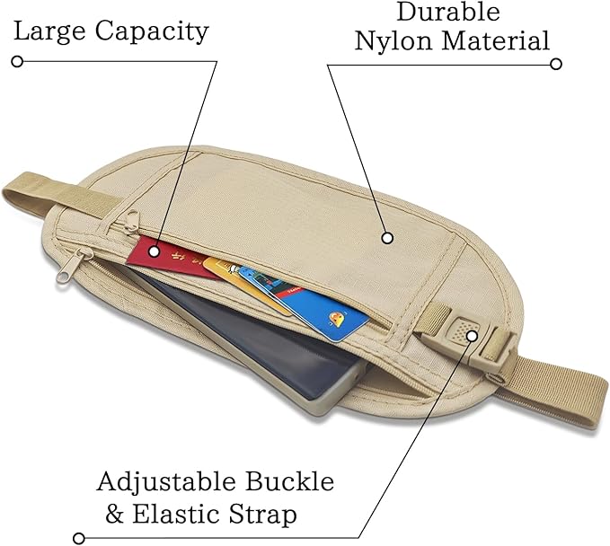 FuninCrea Money Belt, Nylon Fanny Pack Hidden Belt Bag with RFID Blocking for Women Men, Anti-theft Waist Pack Under Clothes with Adjustable Buckle for Travel, Running, Hiking, Cycling (khaki)