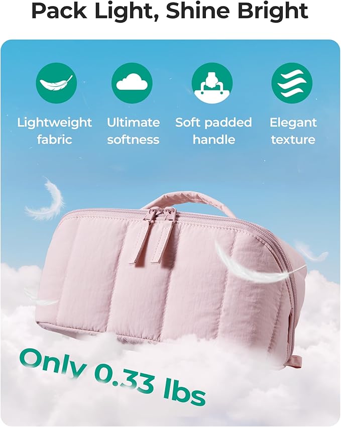 BAGSMART Travel Makeup Bag for Women, Portable Water-resistant Cosmetic Case, Puffy Padded Make Up Organizer Pouch, Open Flat Toiletry Bag for Toiletries, Brushes, Checkred Green