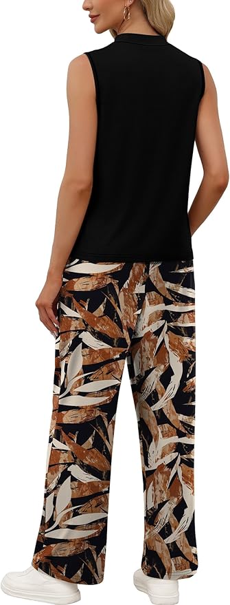 WIHOLL Two Piece Set for Women Summer Spring Outfits Cruise Travel Airport Beach Vacation Mock Neck Wide Leg Pants Set