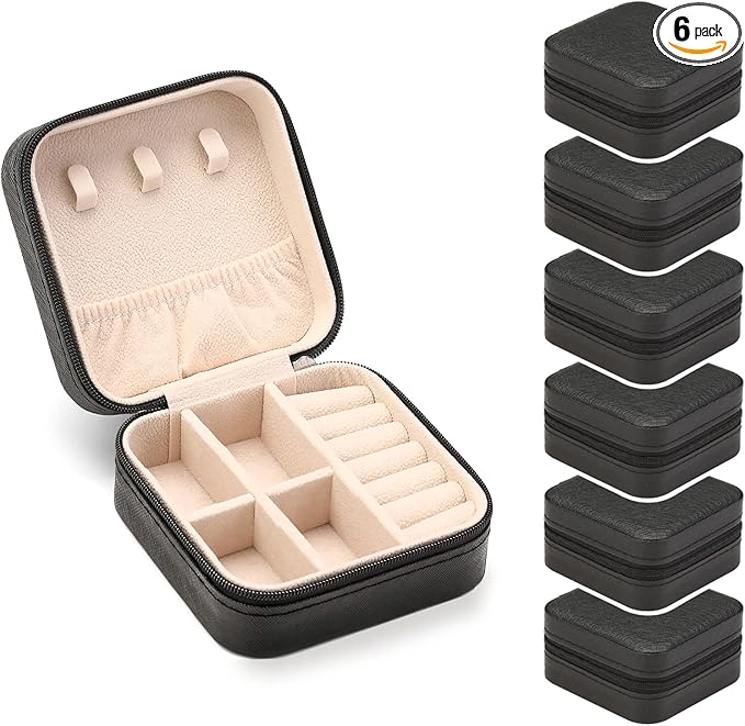 ZPROW Travel Jewelry Case, Mini Portable Jewelry Travel Boxes, Small Jewelry Organizer for Rings, Earrings, Pendants, Watches, Necklaces, Lipsticks Organizer Storage Holder Case (Black-6packs)