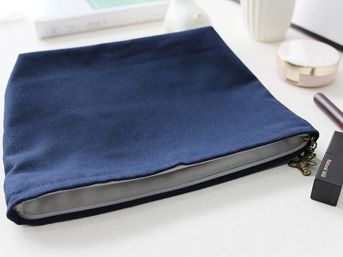 HAPPYHEIDI Canvas Pouch Cosmetic Bag, Tote Organizer, Heavy Duty Cotton Canvas, Solid Navy Blue, Zipper Clsosure, Large 10 x 8.5 Inches