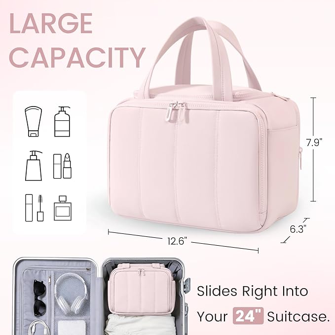 Cute Puffy Toiletry Bag for Women,Large Makeup Bag,Travel Cosmetic Bag with Adjustable Dividers & Trolley Sleeve,Toiletries Organizer,Light Pink
