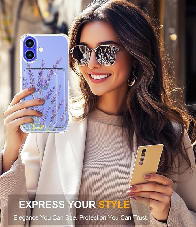 Compatible with iPhone 16 Plus Case Card Holder for Women Cute Design,Wallet Phone Cases Transparent Cool Kawaii Protective (Clear Purple Lavender)