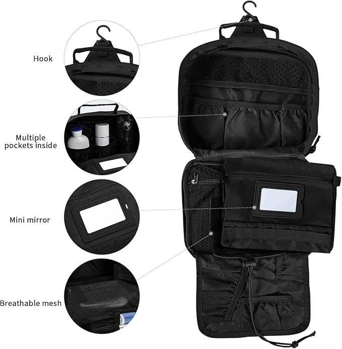 SUNRISING Tactical Travel Toiletry Bag for Men and Women, Hanging Travel Toiletry Organizer Dopp Kit, Toiletries Shaving Hygiene Bathroom Bag,Men's Toiletry Bag for Short Trips Camping - Black