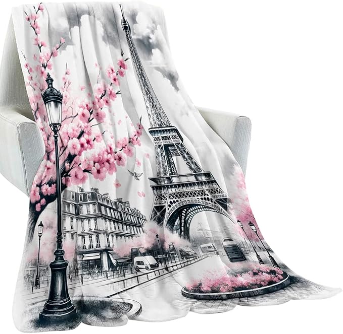 Paris Blanket Gifts for Girls Women,Parisian Eiffel Tower with Pink Cherry Blossom Throw Blankets,Soft Comfy Lightweight for Room Couch Bed Sofa Romantic Decor,France Lover 60x50in