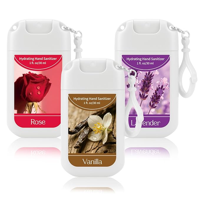Set of 3 Power Mist Hydrating Hand Sanitizer Spray Bulk with Keychain Travel Size Portable Hand Sanitizer 1 Fl. oz Compact Spray Bottle Lavender Rose Vanilla Scent for Women Graduation Gifts