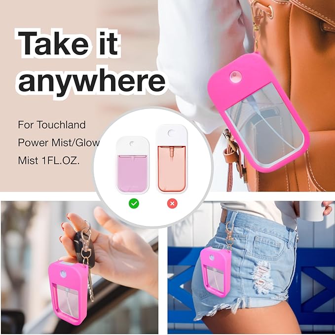 2 PCS Soft Silicone Case for Touchland Power Mist (1FL. OZ./30 mL), Protective and Stylish Case with Keychain Compatible with Touchland Hand Sanitizer Spray (Hot Pink/Black)