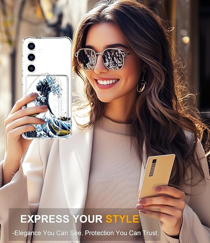 Compatible with Samsung Galaxy S24 / S25 Case Card Holder for Women Cute Design,Wallet Phone Cases Transparent Cool Kawaii Protective (Clear Blue Wave)