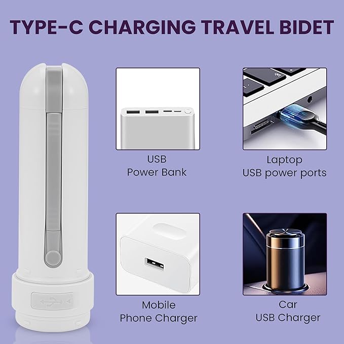Portable Bidet for Travel – USB-C 800mAh Rechargeable Battery Travel Bidet, IPX7 Waterproof, 3 Adjustable Pressure Modes (Soft to Strong) for Postpartum Care