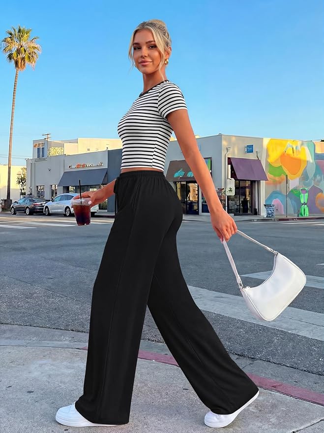 Trendy Queen 2 Piece Matching Summer Lounge Set Womens Side Ruching Top Wide Leg Pants Sets with Pockets