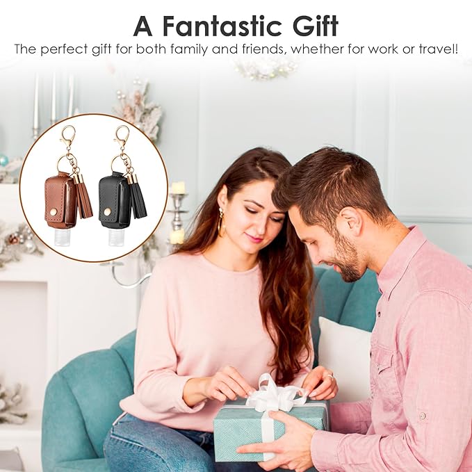 2Pcs Portable Leather Hand Sanitizer Holder, Travel Size Keychain Case Refillable Bottle for Toiletry Lotion Liquid Soap Shampoo (Black, Brown)