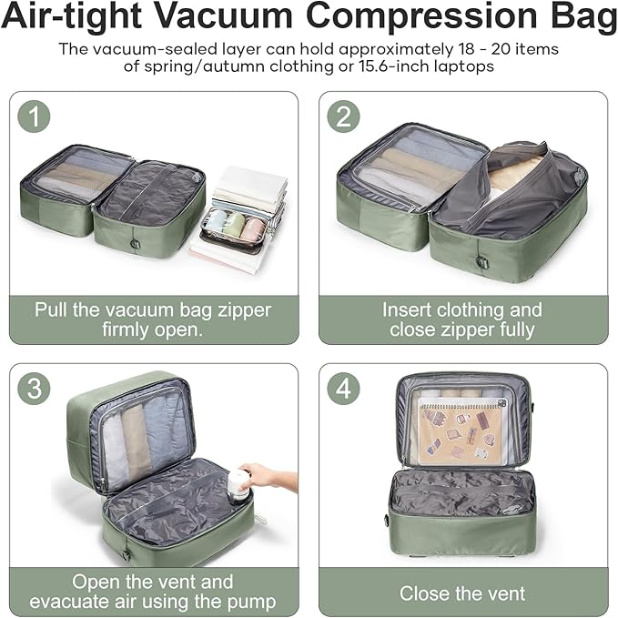 Vacuum Travel Bag for Women with Air Pump, Personal Item Carry on Bags with Seal Compression Pocket for Airlines, Weekender Overnight Bag for Women with Toiletry Bag，Green