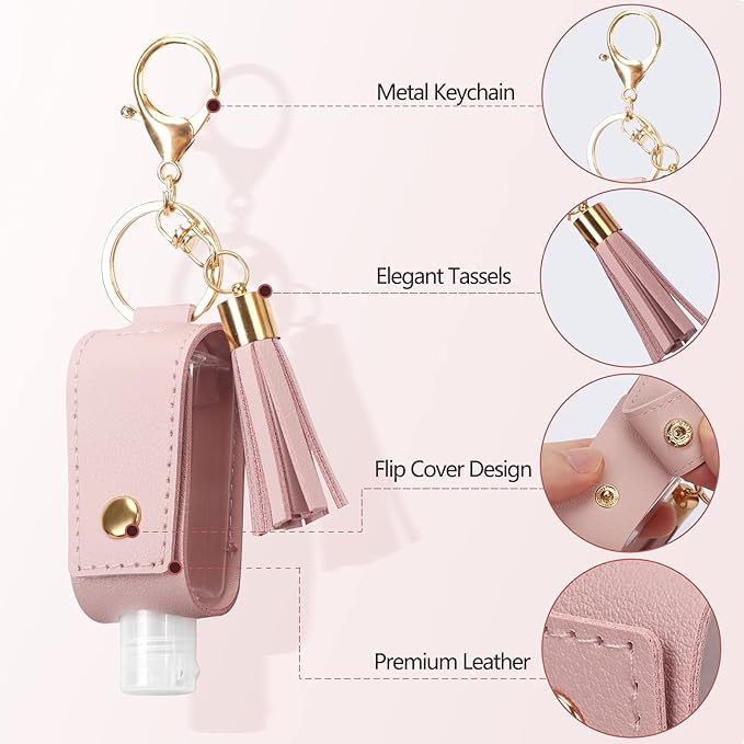 Unaone 1oz/30ml Hand Sanitizer Holder Travel Size, Empty Bottles Leather Sanitizer Holder with Keychain Portable Small Squeeze Bottle Refillable Container for Toiletry Lotion Liquid Soap Shampoo Pink