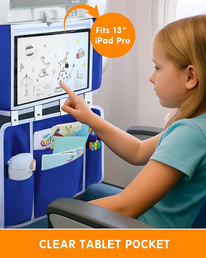 Adjustable Kids Airplane Tray Cover with Pocket Organizer, Snack & Toy Pockets, Toddler Airplane Travel Essentials, Travel Tray for Plane Train, Clear Touch Tablet Pocket, Carrying Strap, Plane Print