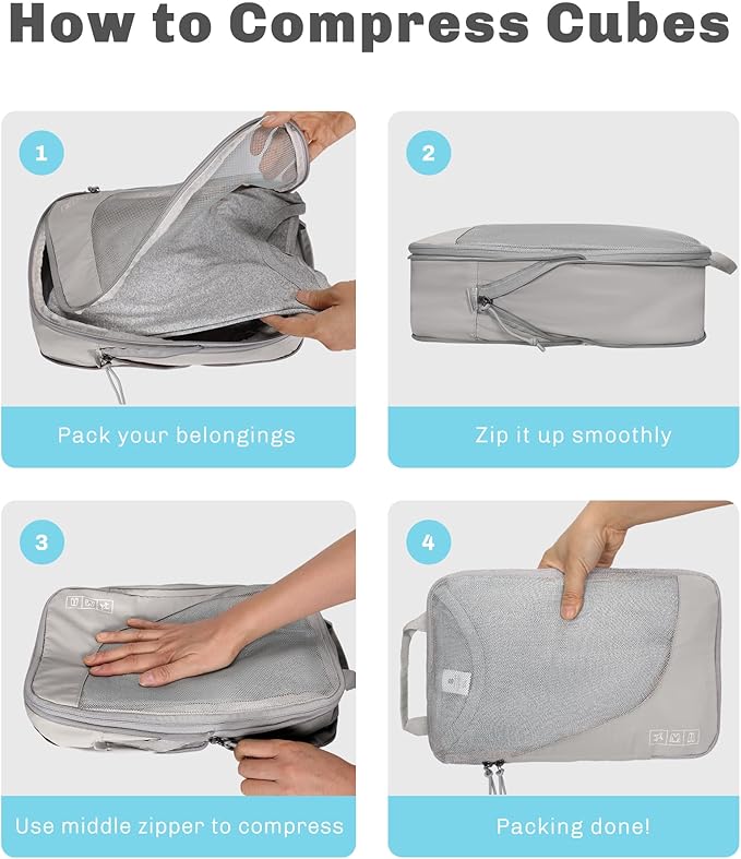 Hynes Eagle 6 Set/ 4 Set/ 2 Set Compression Packing Cubes Travel Essentials Lightweight Nylon Luggage Suitcase Organizer Bag Light Grey 6PCS