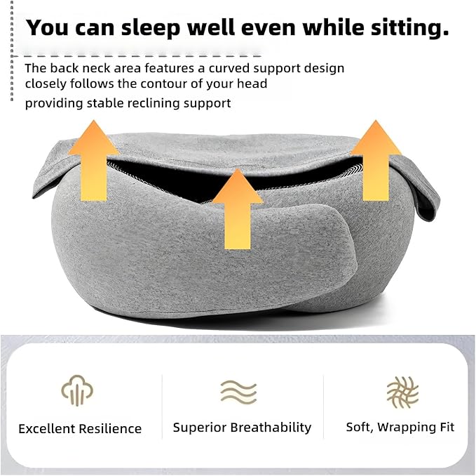 Travel Neck Pillow with Extra Large Hood Rollable Airplane Hooded Neck Pillow with Memory Foam Filling and Removable, Skin-Friendly Cover with a Carrying Pouch (Cationic)
