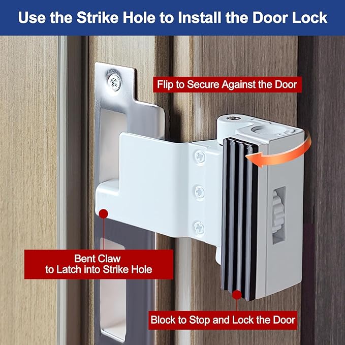 Portable Door Lock for Home/Hotel Security, Apartment Bedroom No Drill Reinforcement Lock, Extra Lock for Travel, Flip Lock (White, 1 Pack)