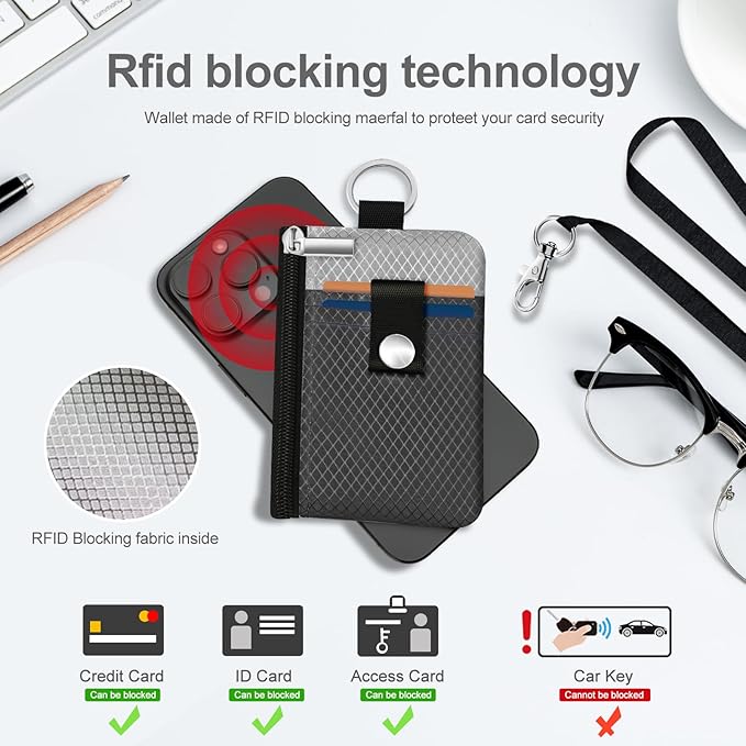 Minimalist RFID Blocking Small Wallet with ID Window,WaterResistant Zip Id Case Wallet with Lanyard Keychain for Cards,Cash,Travel,Women,Men (DardGray/LightGray)