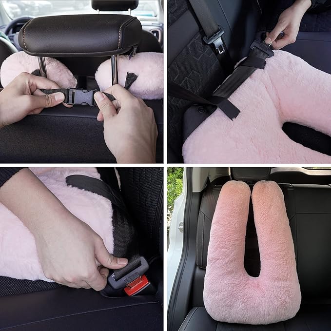 Atablyn Pink Soft Cotton Travel Neck Pillow -Ergonomic Support for Child and Adult Car Seats, Cozy Compact Pillow for Long-Distance Travel Essentials