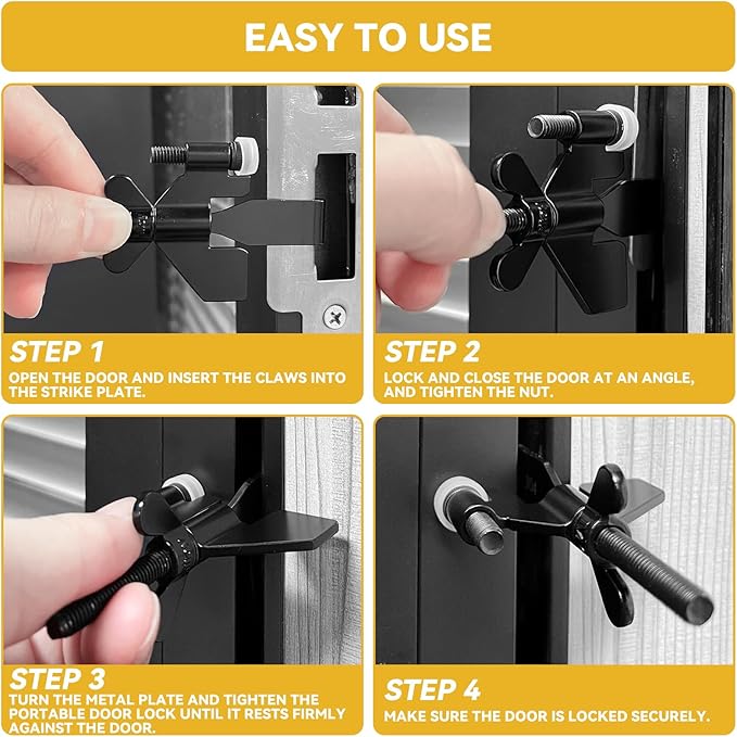 Black Portable Door Lock Home Security Door Locker Travel Lockdown Locks for Additional Safety and Privacy Perfect for Traveling Hotel Home Apartment College