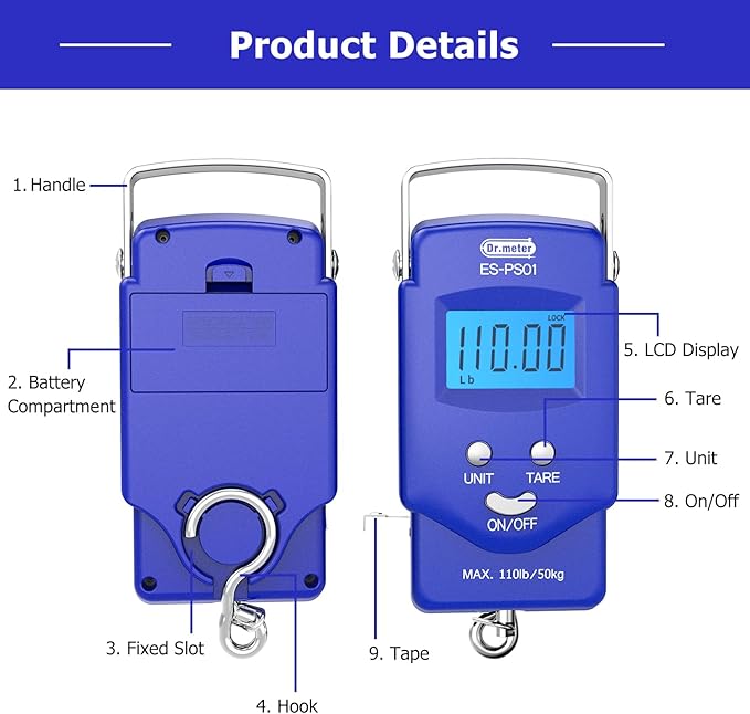 Dr.meter Fish Scale Luggage Scale Fishing Gear - 110lb Backlit LCD Display Digital Scale with Built-in Measuring Tape - Fishing Scale with 2 AAA Batteries, Pocket Size - Fishing Gifts for Men