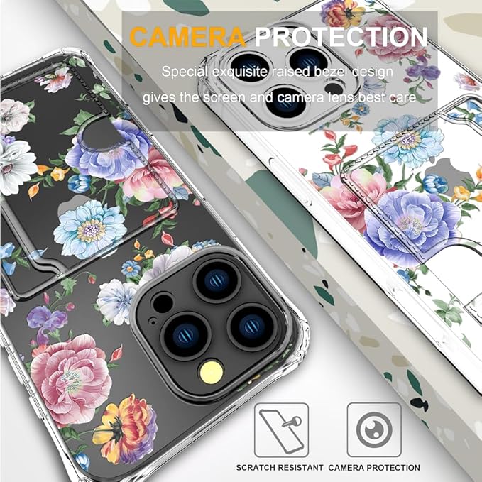Compatible with iPhone 16 Pro Case Card Holder for Women Cute Design,Wallet Phone Cases Transparent Cool Kawaii Protective (Clear Amazing Lovely Flowers)