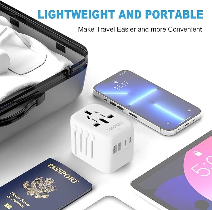 HAPOW Universal Travel Adapter, PD20W International Power Adapter, 2 USB-C & 2 USB-A Fast Charging Travel Charger, All in One Worldwide Travel Plug Adapter, Outlet Adapter for EU UK USA AU, White