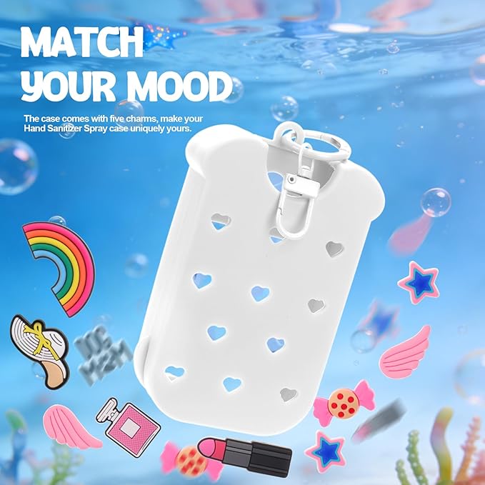 Mity rain Hand Sanitizer Spray Case Compatible With Touchland, Cute Silicone Hand Sanitizer Holder Keychain with 4 Charms, Portable Refillable Sanitizer Accessory, Gift for Women And Teens